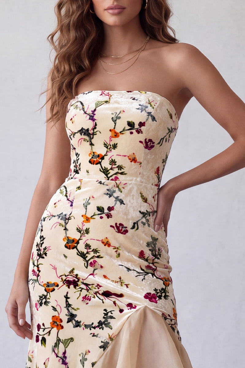 Load image into Gallery viewer, Champagne Mermaid Velvet Strapless Floral Long Evening Dress with Slit