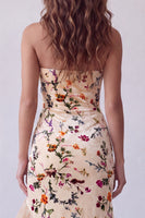 Load image into Gallery viewer, Champagne Mermaid Velvet Strapless Floral Long Evening Dress with Slit