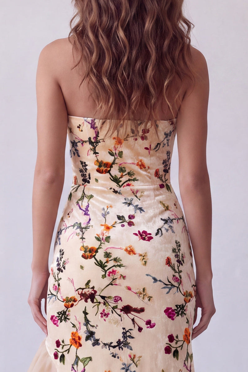 Load image into Gallery viewer, Champagne Mermaid Velvet Strapless Floral Long Evening Dress with Slit