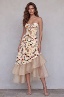 Load image into Gallery viewer, Champagne Ruffled Sweetheart Floral Velvet Midi Evening Dress