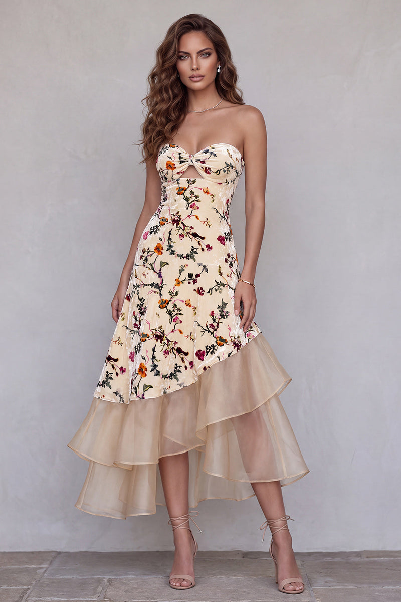 Load image into Gallery viewer, Champagne Ruffled Sweetheart Floral Velvet Midi Evening Dress