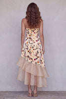 Load image into Gallery viewer, Champagne Ruffled Sweetheart Floral Velvet Midi Evening Dress