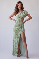 Load image into Gallery viewer, Dusty Sage Sheath Floral Velvet Cut Out Long Evening Dress with Slit