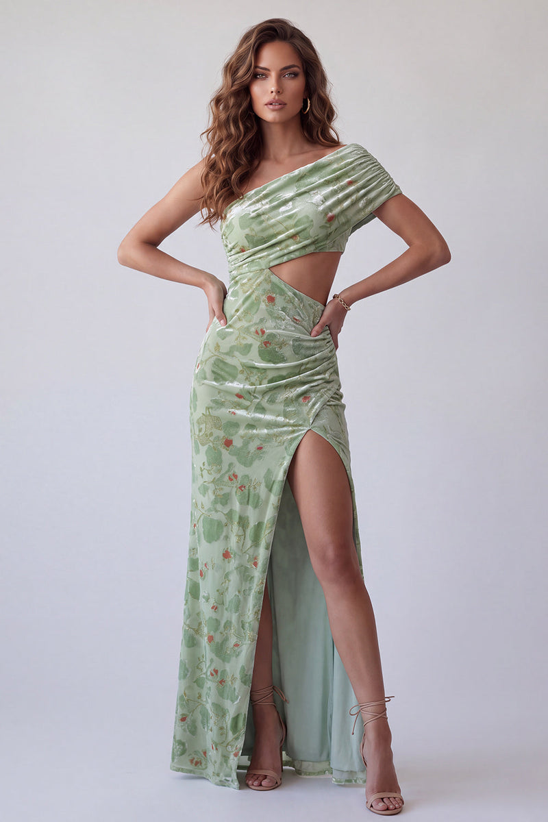 Load image into Gallery viewer, Dusty Sage Sheath Floral Velvet Cut Out Long Evening Dress with Slit
