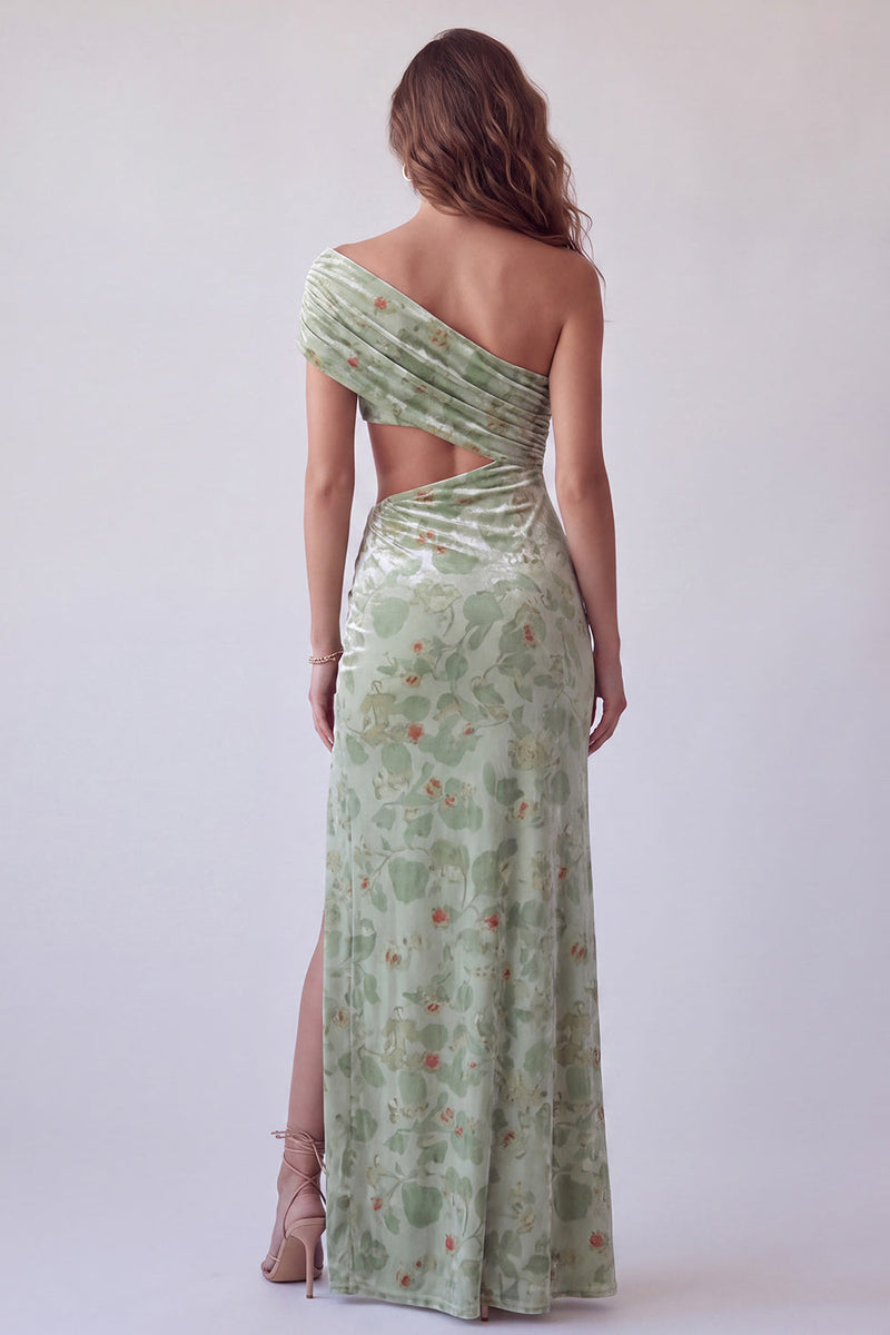 Load image into Gallery viewer, Dusty Sage Sheath Floral Velvet Cut Out Long Evening Dress with Slit