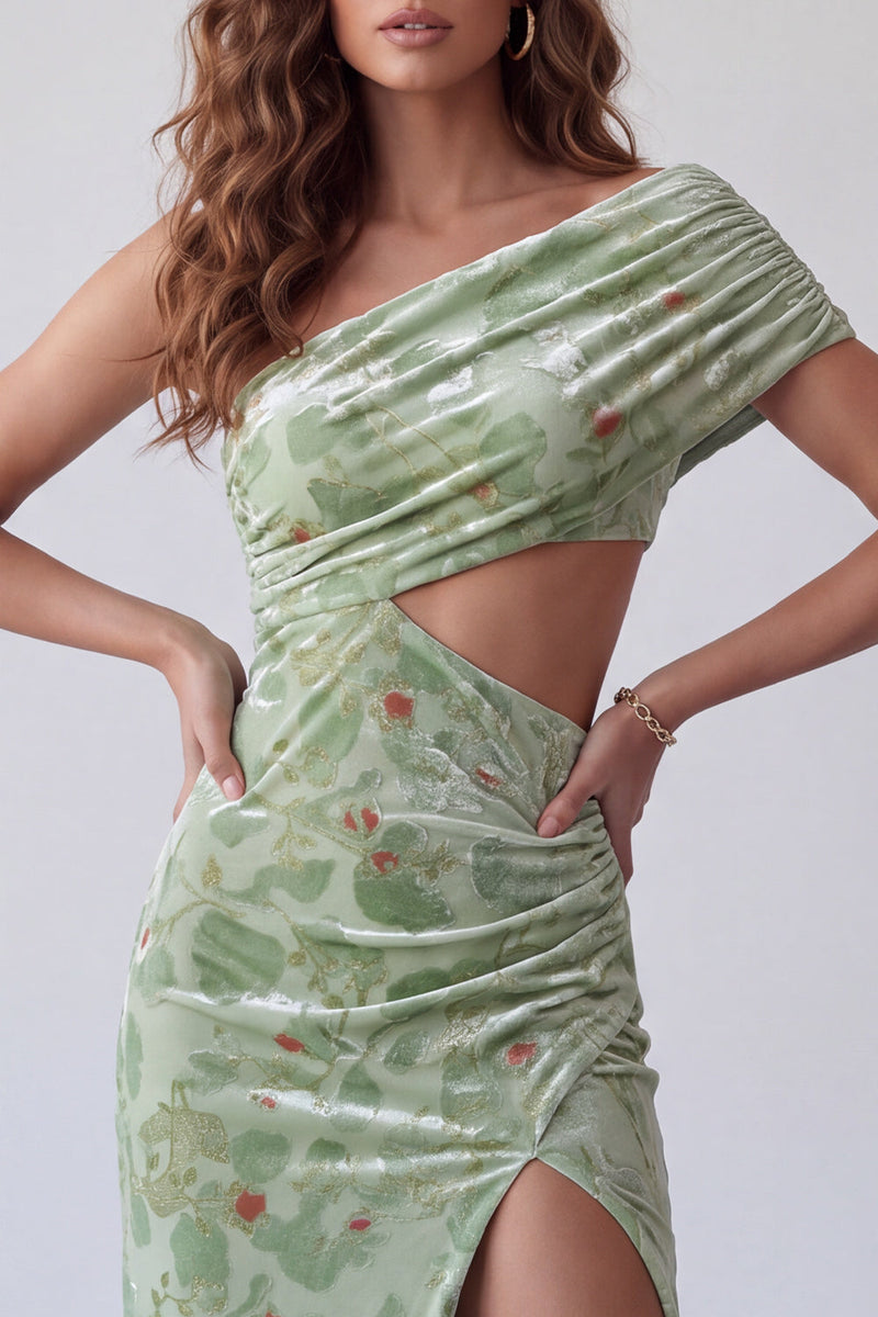 Load image into Gallery viewer, Dusty Sage Sheath Floral Velvet Cut Out Long Evening Dress with Slit