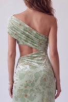 Load image into Gallery viewer, Dusty Sage Sheath Floral Velvet Cut Out Long Evening Dress with Slit