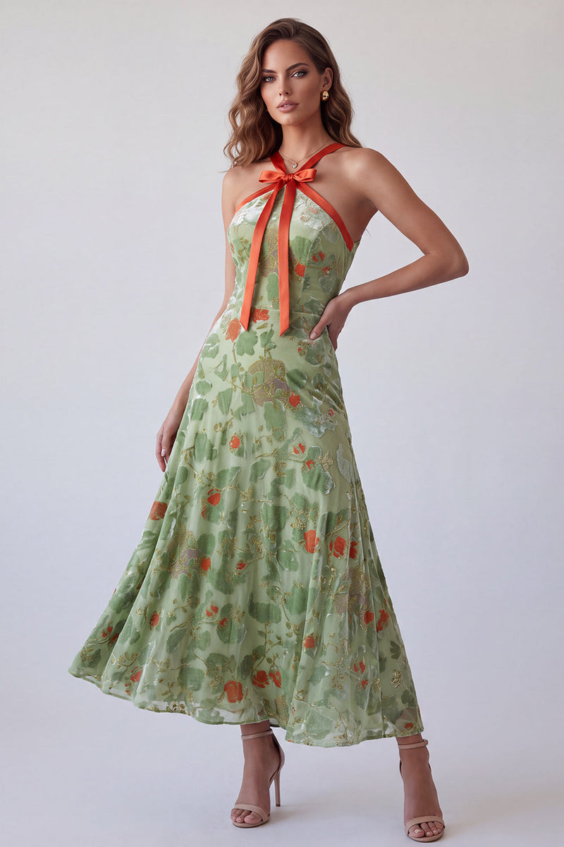 Load image into Gallery viewer, Dusty Sage A Line Floral Halter Maxi Velvet Evening Dress with Bow
