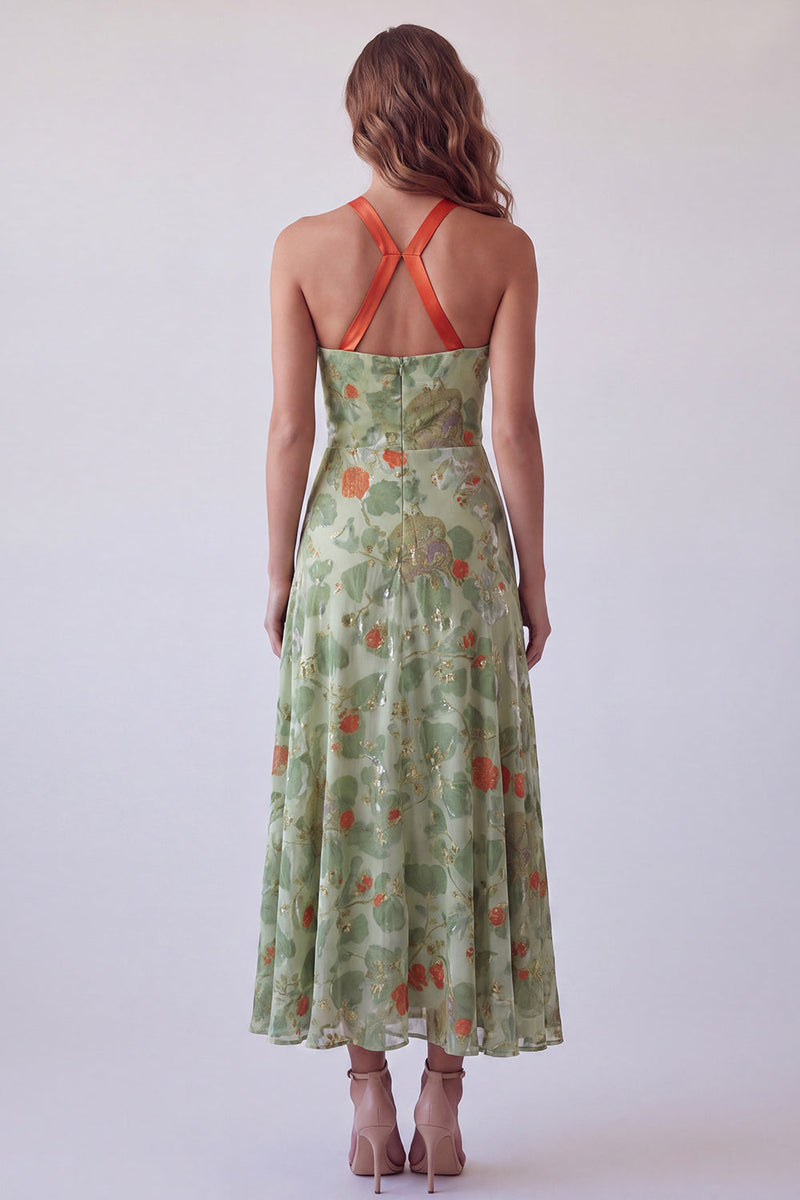 Load image into Gallery viewer, Dusty Sage A Line Floral Halter Maxi Velvet Evening Dress with Bow