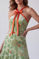 Load image into Gallery viewer, Dusty Sage A Line Floral Halter Maxi Velvet Evening Dress with Bow