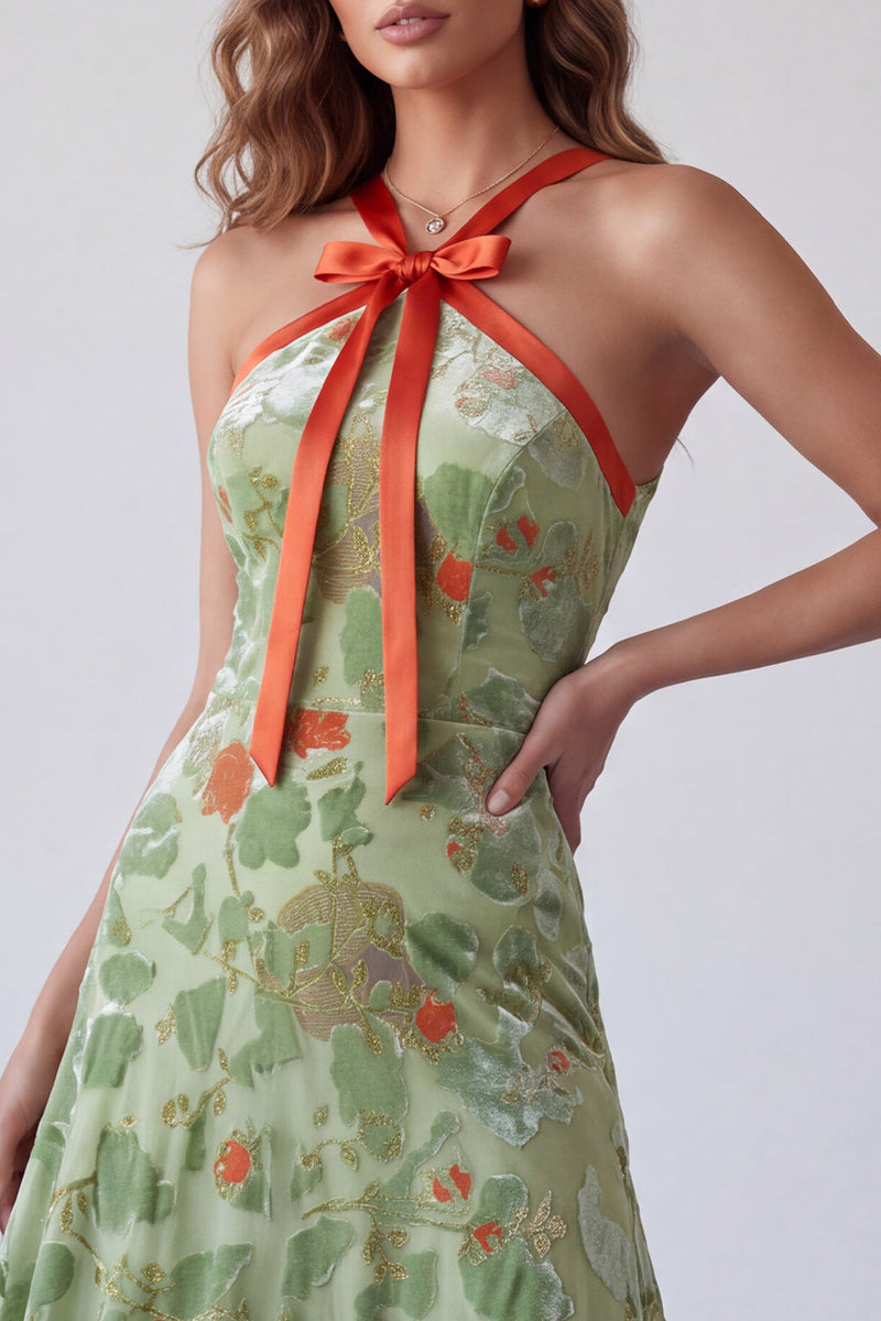 Load image into Gallery viewer, Dusty Sage A Line Floral Halter Maxi Velvet Evening Dress with Bow