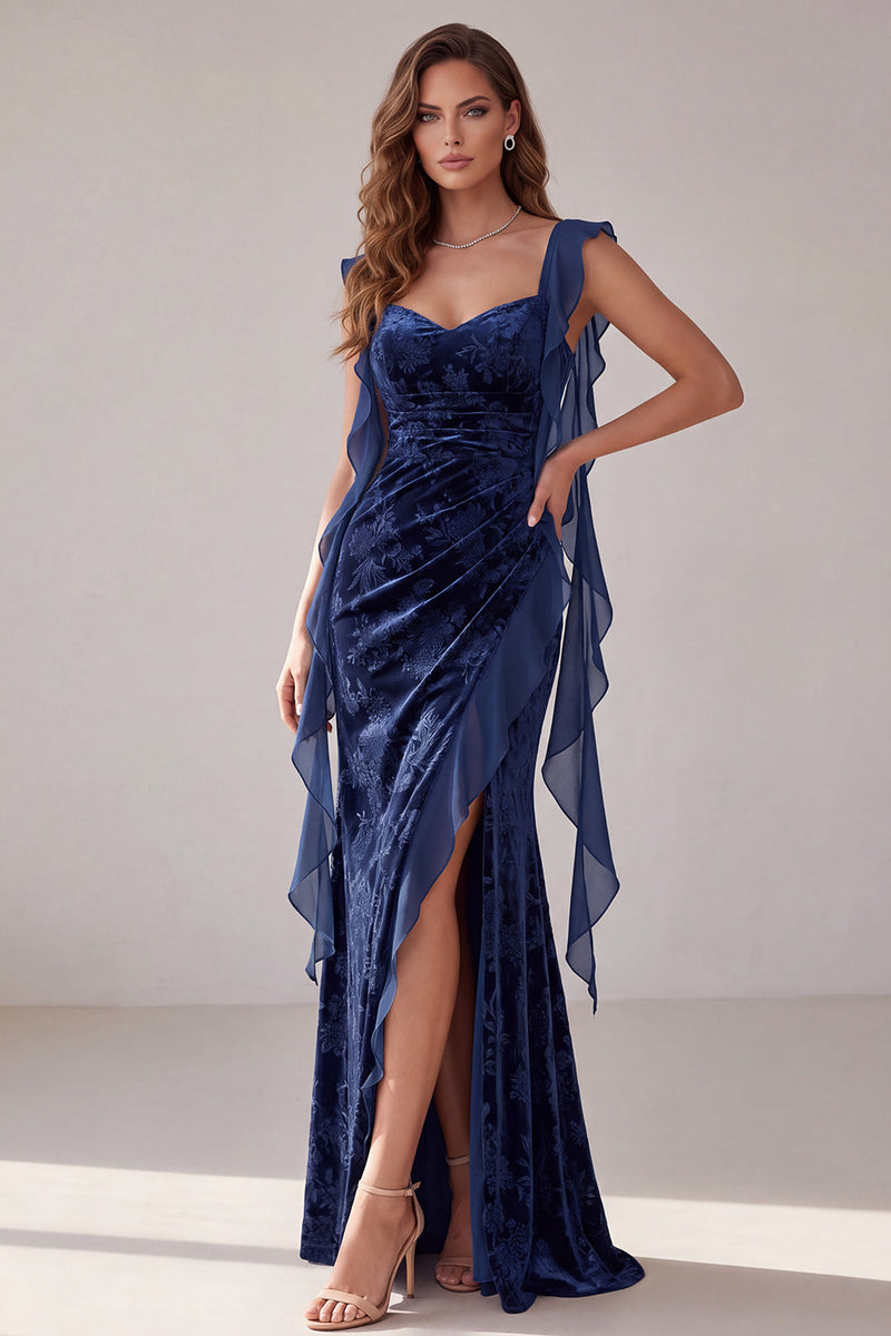 Load image into Gallery viewer, Floral Navy Ruffled Sheath Velvet Long Evening Dress with Slit