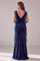Load image into Gallery viewer, Floral Navy Ruffled Sheath Velvet Long Evening Dress with Slit