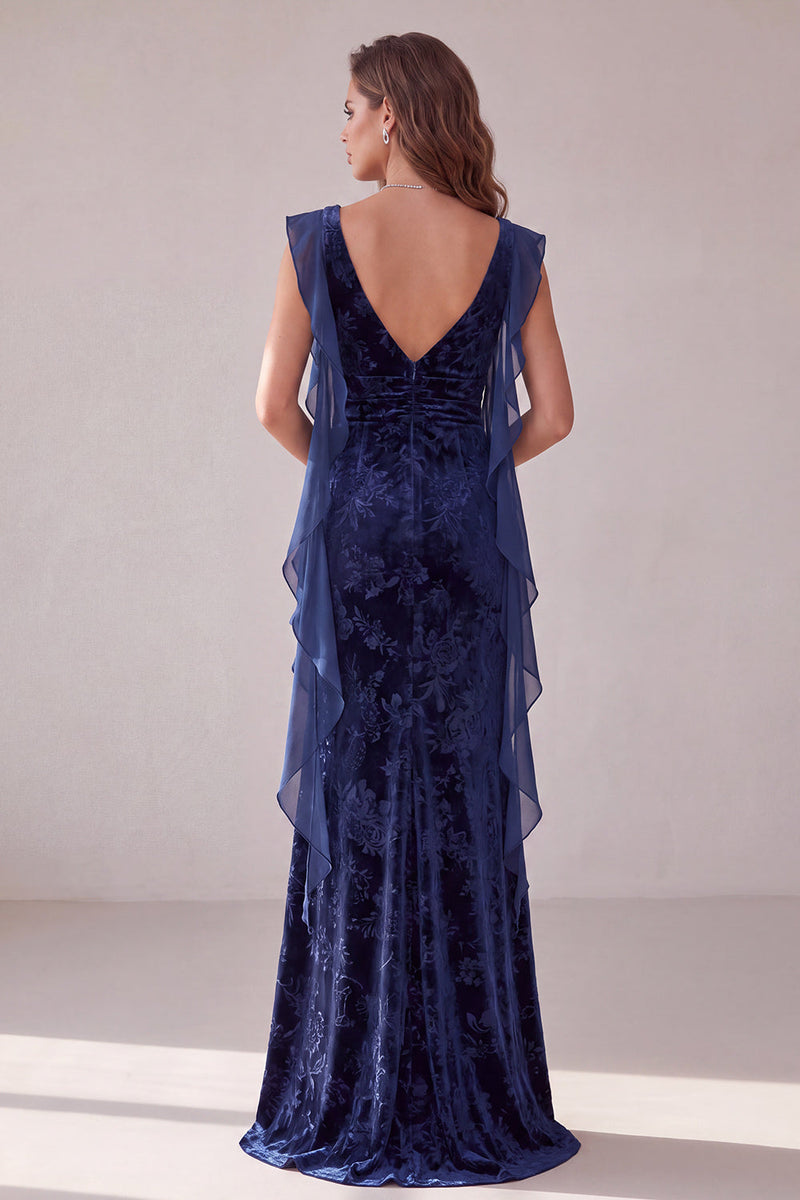 Load image into Gallery viewer, Floral Navy Ruffled Sheath Velvet Long Evening Dress with Slit