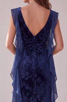 Load image into Gallery viewer, Floral Navy Ruffled Sheath Velvet Long Evening Dress with Slit