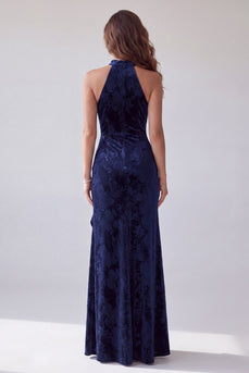 Navy Floral Ruffled Sheath Velvet Halter Long Evening Dress with Slit