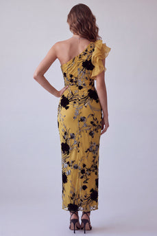 Ginger Yellow Sheath Floral Ruffled One Shoulder Long Evening Dress