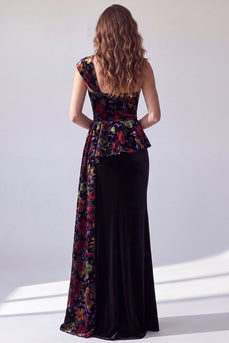 Floral Black One Shoulder Velvet Long Evening Dress with Side Cape