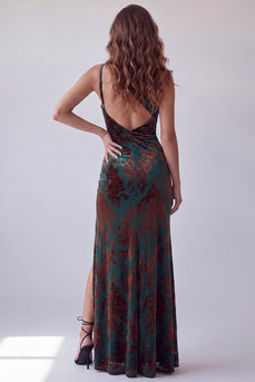 Floral Dark Green Sheath Velvet One Shoulder Long Evening Dress with Slit