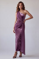 Load image into Gallery viewer, Vintage Mauve Velvet One Shoulder Sheath Long Evening Dress with Sash
