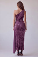 Load image into Gallery viewer, Vintage Mauve Velvet One Shoulder Sheath Long Evening Dress with Sash