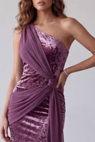 Load image into Gallery viewer, Vintage Mauve Velvet One Shoulder Sheath Long Evening Dress with Sash