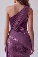 Load image into Gallery viewer, Vintage Mauve Velvet One Shoulder Sheath Long Evening Dress with Sash