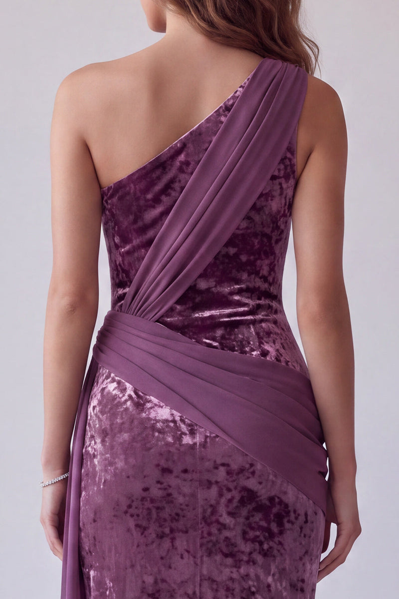 Load image into Gallery viewer, Vintage Mauve Velvet One Shoulder Sheath Long Evening Dress with Sash
