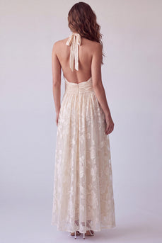 Floral Ivory A Line Halter Backless Ruched Long Evening Dress