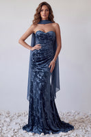 Load image into Gallery viewer, Navy Floral Velvet Mermaid Neck Scarf Long Evening Dress