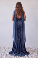 Load image into Gallery viewer, Navy Floral Velvet Mermaid Neck Scarf Long Evening Dress