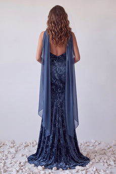 Navy Floral Velvet Mermaid Neck Scarf Long Evening Dress