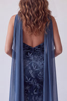 Load image into Gallery viewer, Navy Floral Velvet Mermaid Neck Scarf Long Evening Dress