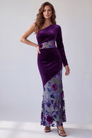 Load image into Gallery viewer, Floral Plum Velvet One Shoulder Sheath Long Sleeve Evening Dress