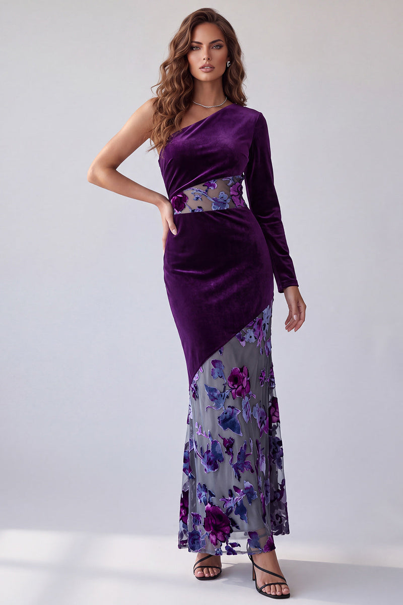 Load image into Gallery viewer, Floral Plum Velvet One Shoulder Sheath Long Sleeve Evening Dress