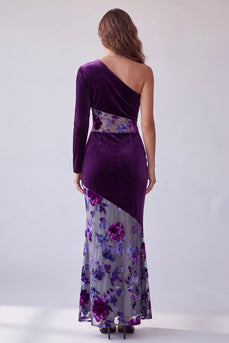 Floral Plum Velvet One Shoulder Sheath Long Sleeve Evening Dress