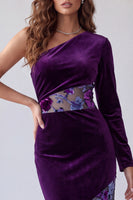 Load image into Gallery viewer, Floral Plum Velvet One Shoulder Sheath Long Sleeve Evening Dress