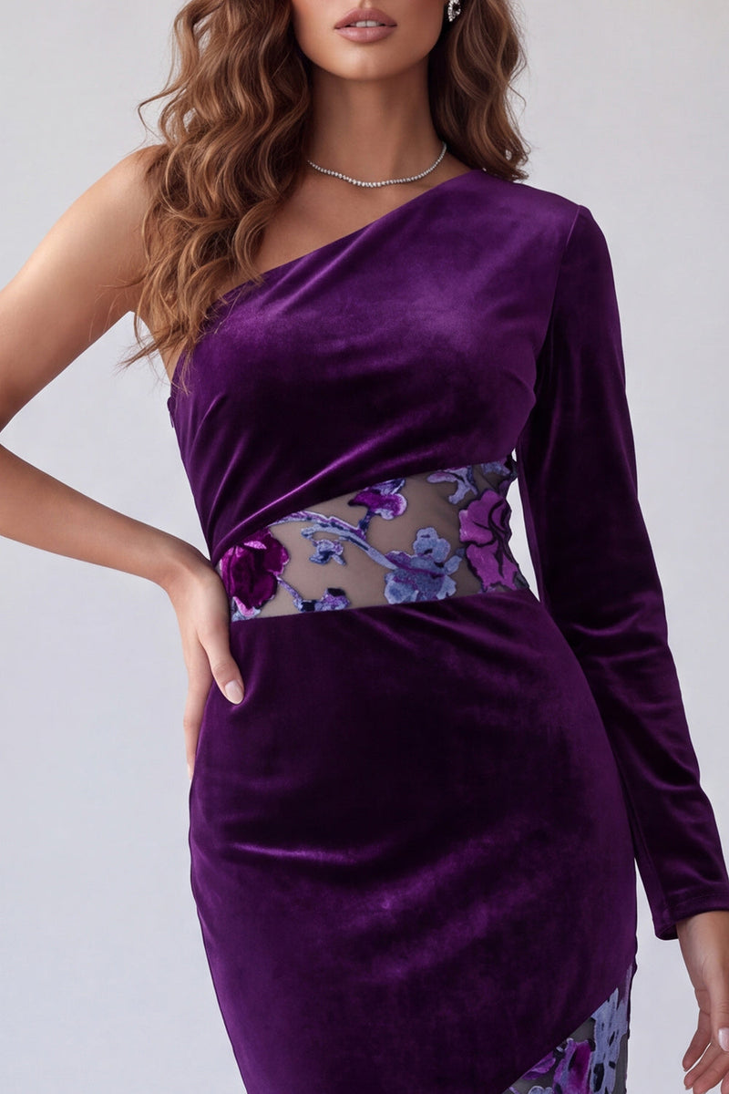 Load image into Gallery viewer, Floral Plum Velvet One Shoulder Sheath Long Sleeve Evening Dress