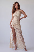 Load image into Gallery viewer, Sheath Ivory Floral One Shoulder Lace Long Evening Dress with Slit