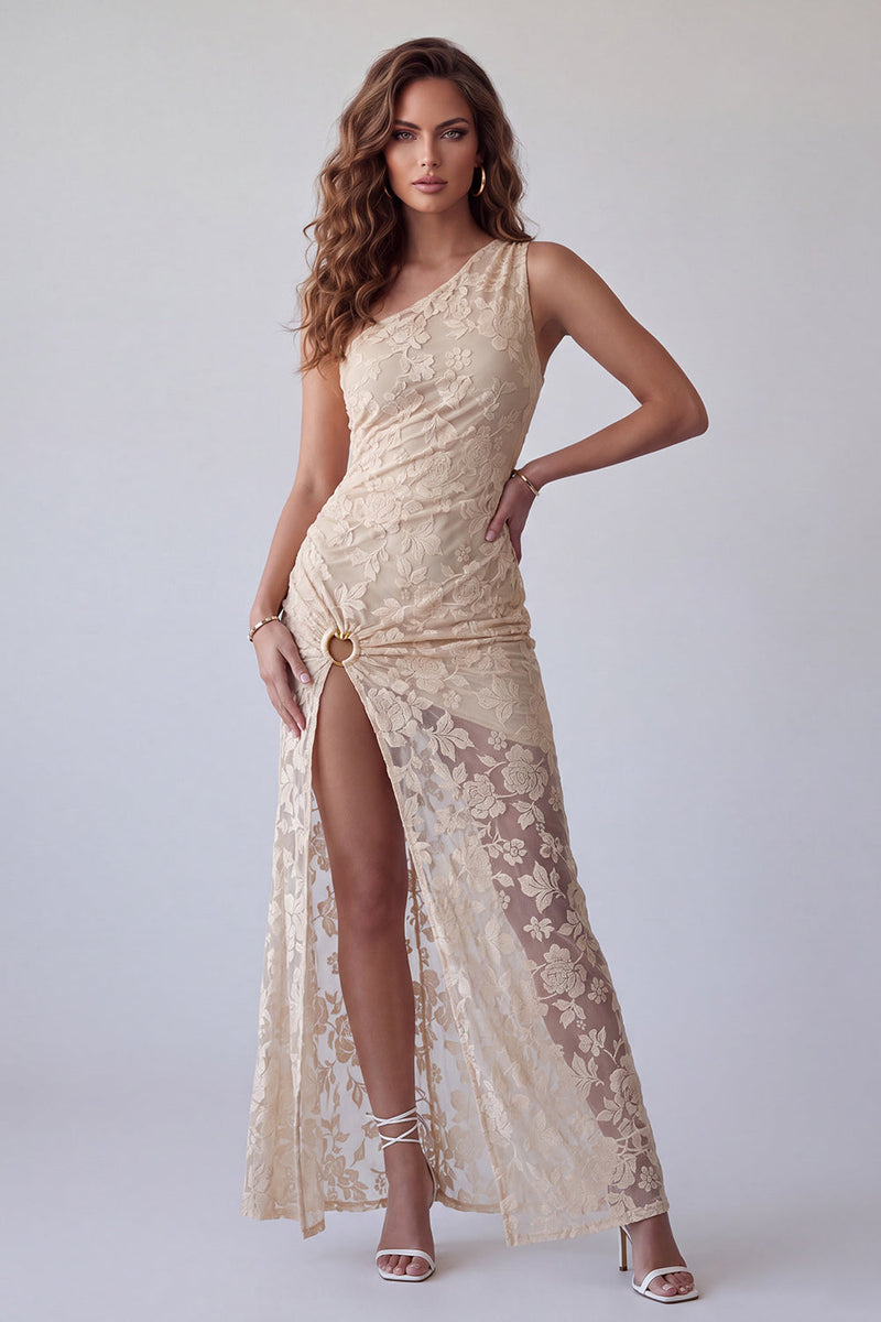 Load image into Gallery viewer, Sheath Ivory Floral One Shoulder Lace Long Evening Dress with Slit