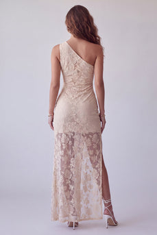Sheath Ivory Floral One Shoulder Lace Long Evening Dress with Slit