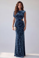 Load image into Gallery viewer, Navy Floral Velvet Mermaid Cut Out Ruched Long Evening Dress