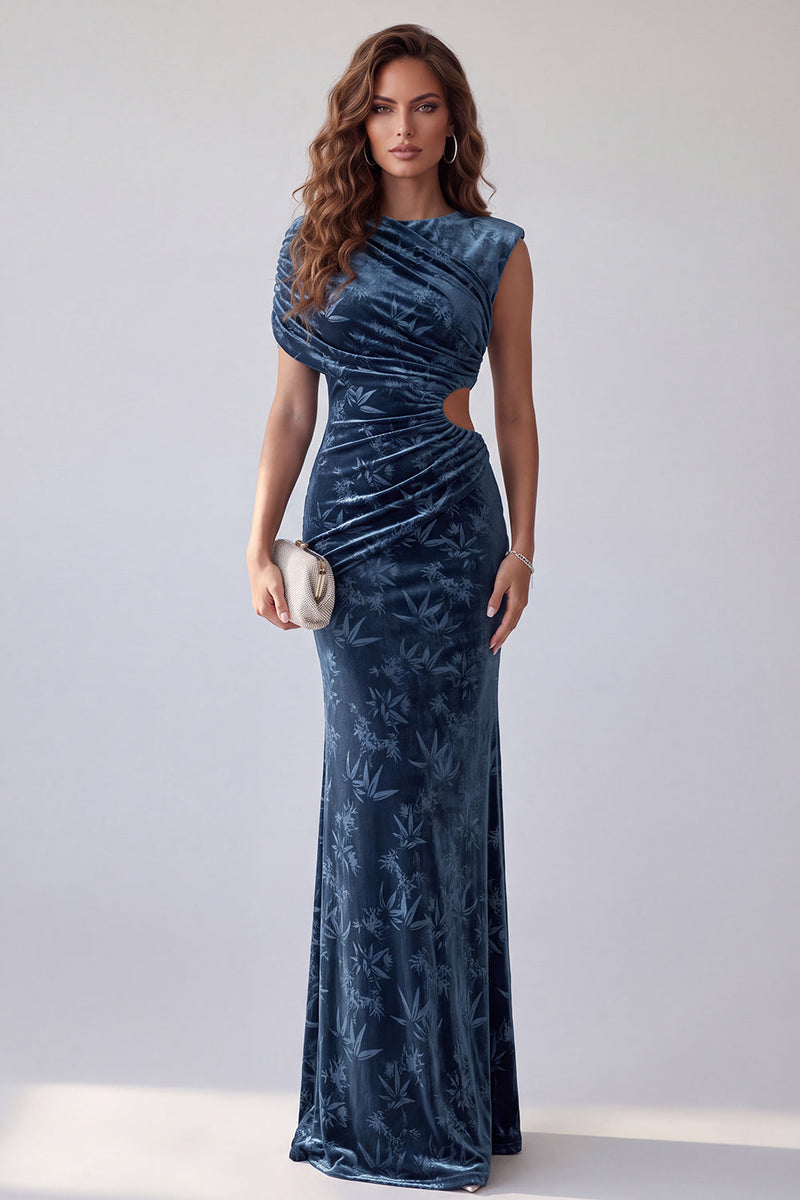 Load image into Gallery viewer, Navy Floral Velvet Mermaid Cut Out Ruched Long Evening Dress