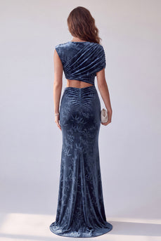 Navy Floral Velvet Mermaid Cut Out Ruched Long Evening Dress