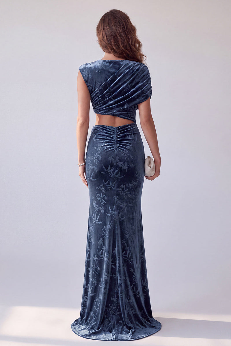 Load image into Gallery viewer, Navy Floral Velvet Mermaid Cut Out Ruched Long Evening Dress