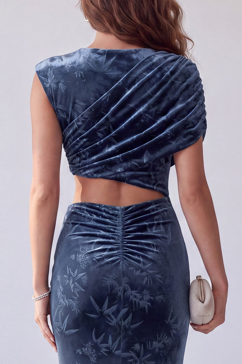 Load image into Gallery viewer, Navy Floral Velvet Mermaid Cut Out Ruched Long Evening Dress