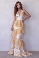 Load image into Gallery viewer, Champagne Floral Mermaid Ruffled Halter Long Evening Dress