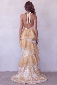Champagne Floral Mermaid Ruffled Halter Long Evening Dress