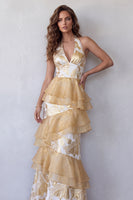 Load image into Gallery viewer, Champagne Floral Mermaid Ruffled Halter Long Evening Dress