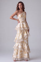 Load image into Gallery viewer, Champagne One Shoulder Ruffled Floral Tiered Long Evening Dress